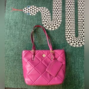 Anne Klein raspberry structured tote with gold hardware